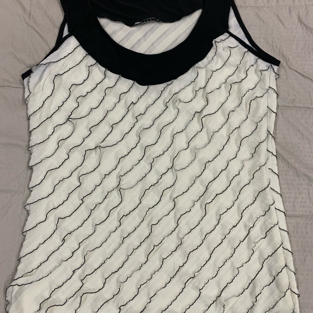 Carolee Black and White Asymmetrical Ruffled Tank Top